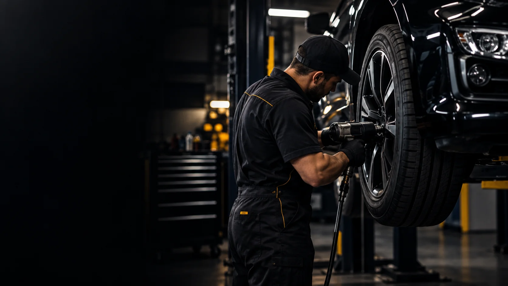 Mecânico realizando manutenção em veículo dentro de oficina automotiva