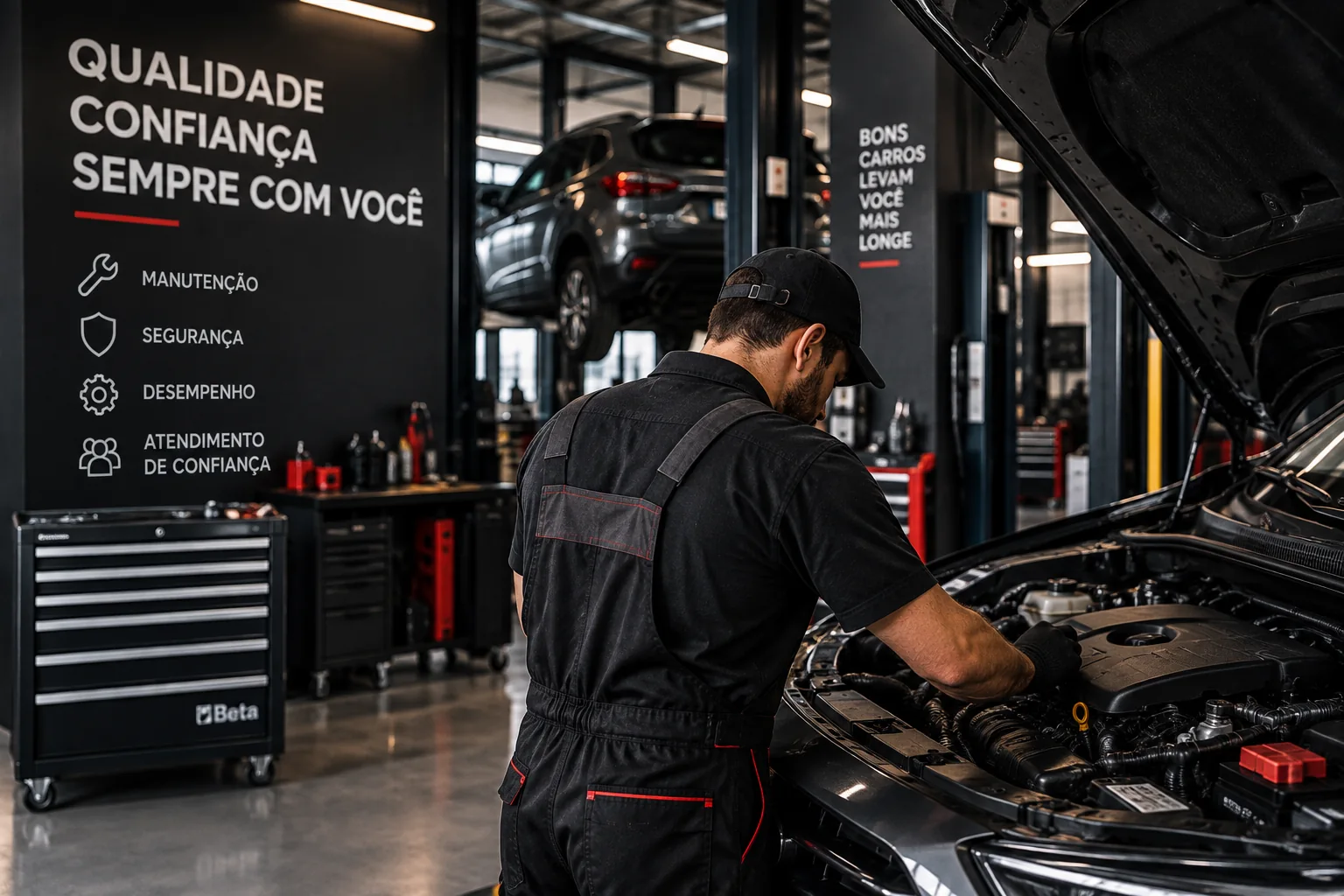 Mecânico trabalhando em veículo dentro de uma oficina